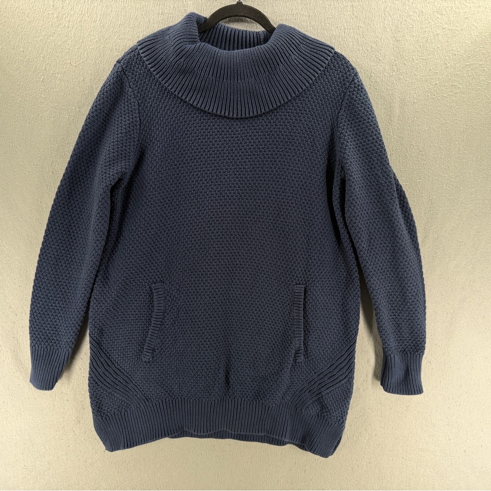 Duluth Trading Tunic Sweater Womens Size Large Navy Heritage Cowl Neck Pockets